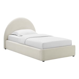 Maklaine Performance Velvet Arched Round Twin Platform Bed in Alabaster