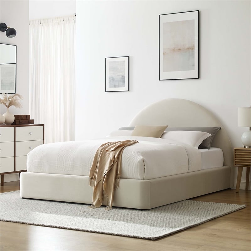 Maklaine Performance Velvet Arched Round King Platform Bed in Alabaster