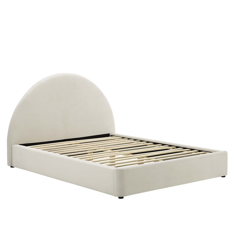 Maklaine Performance Velvet Arched Round King Platform Bed in Alabaster