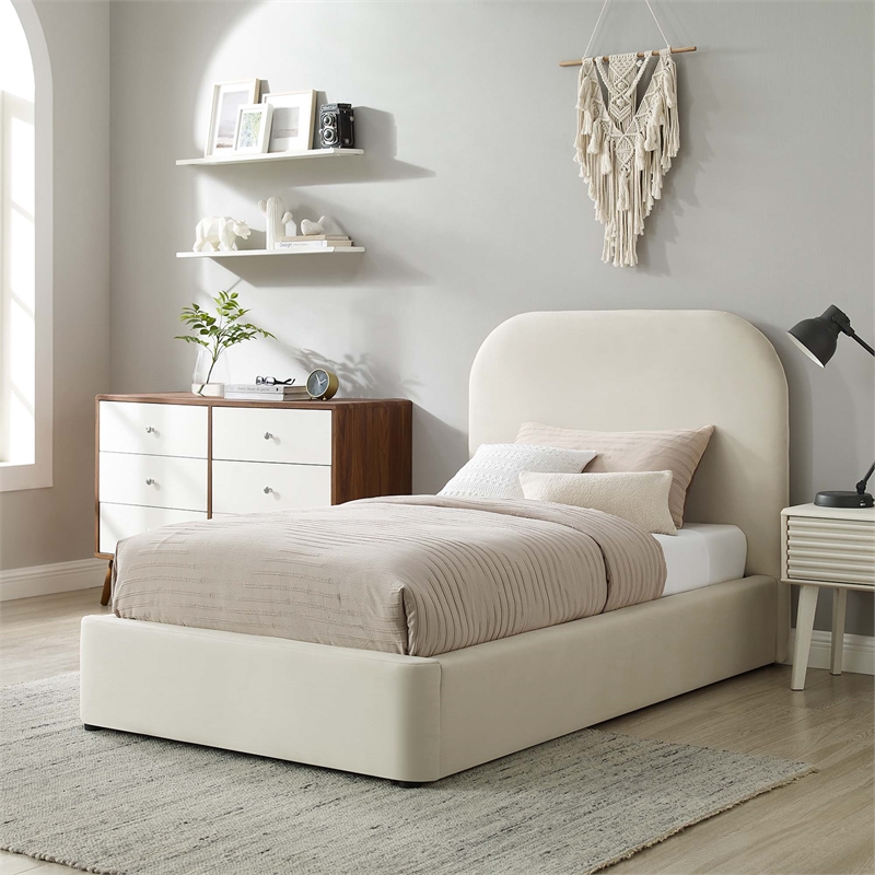 Maklaine Performance Velvet Curved Twin Platform Bed in Alabaster