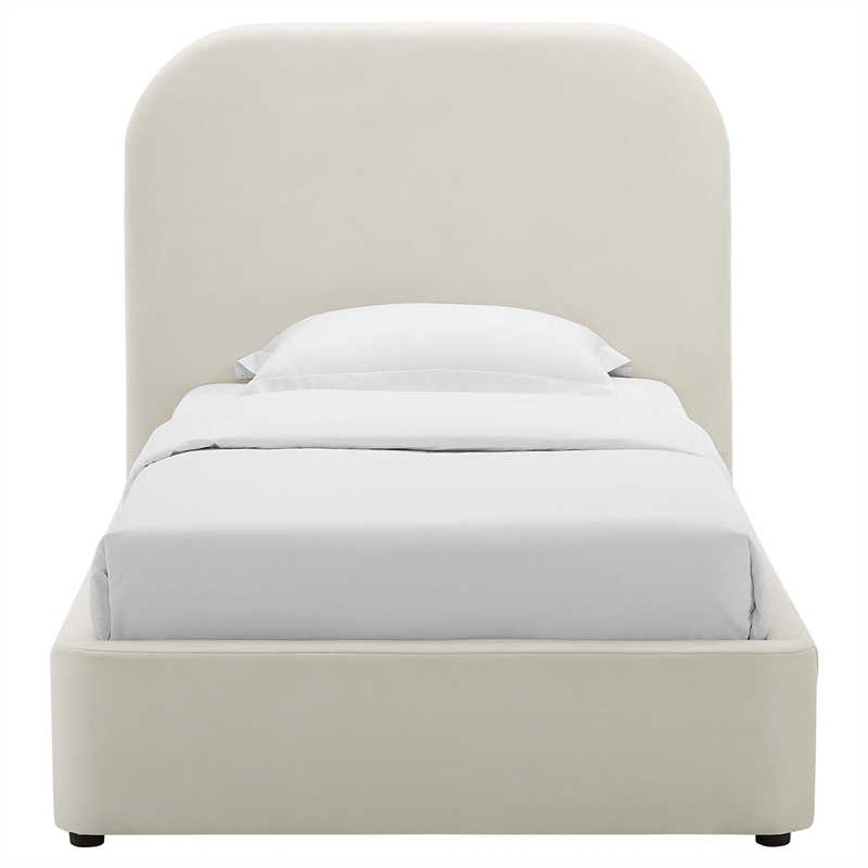 Maklaine Performance Velvet Curved Twin Platform Bed in Alabaster
