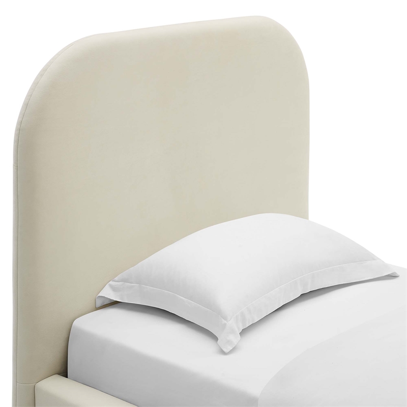 Maklaine Performance Velvet Curved Twin Platform Bed in Alabaster