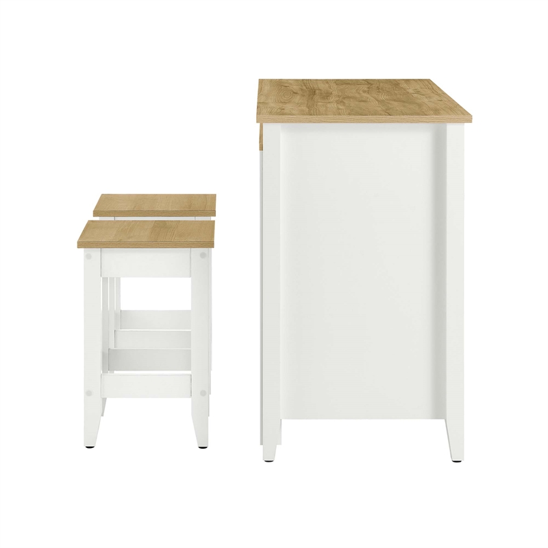 Maklaine Contemporary 3-Piece Kitchen Island and Stool Set in Oak White