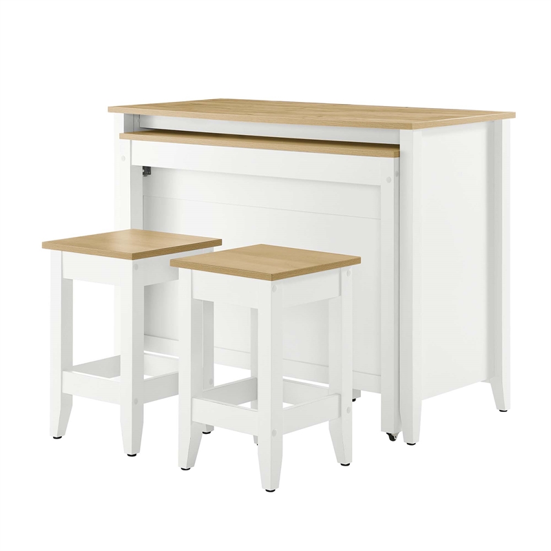 Maklaine Contemporary 3-Piece Kitchen Island and Stool Set in Oak White