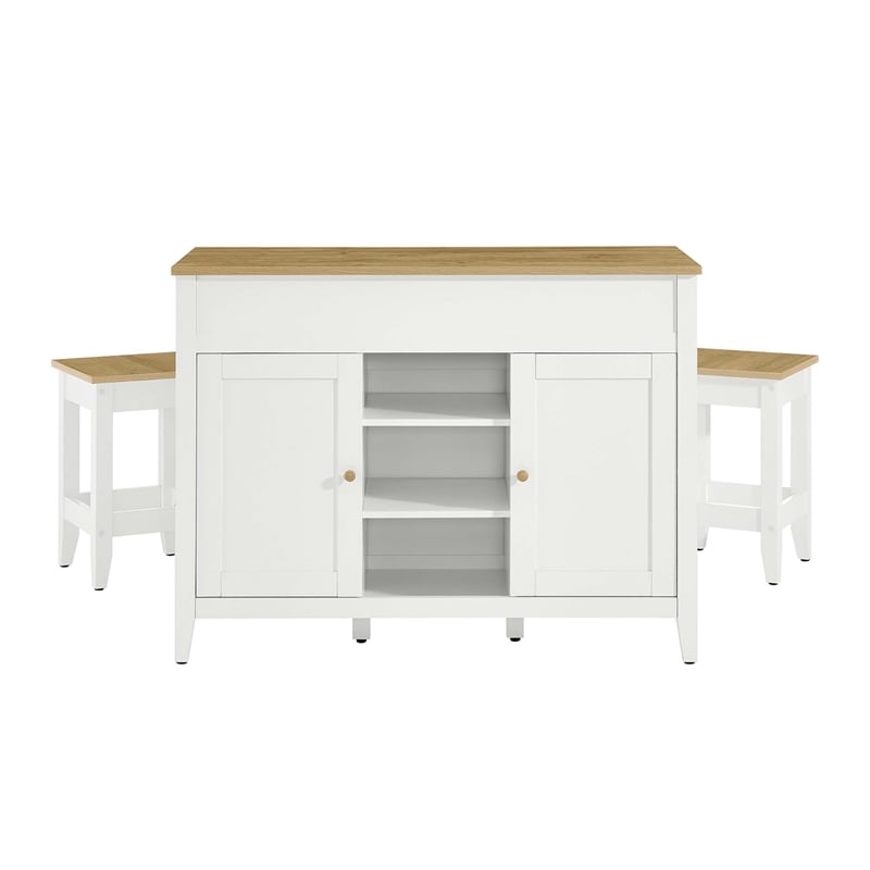 Maklaine Contemporary 3-Piece Kitchen Island and Stool Set in Oak White