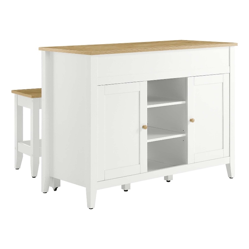 Maklaine Contemporary 3-Piece Kitchen Island and Stool Set in Oak White