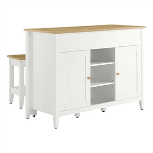 Maklaine Contemporary 3-Piece Kitchen Island and Stool Set in Oak White