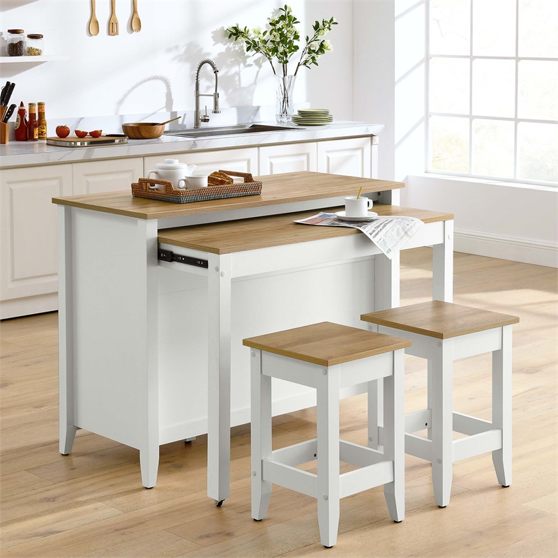 Maklaine Contemporary 3-Piece Kitchen Island and Stool Set in Oak White