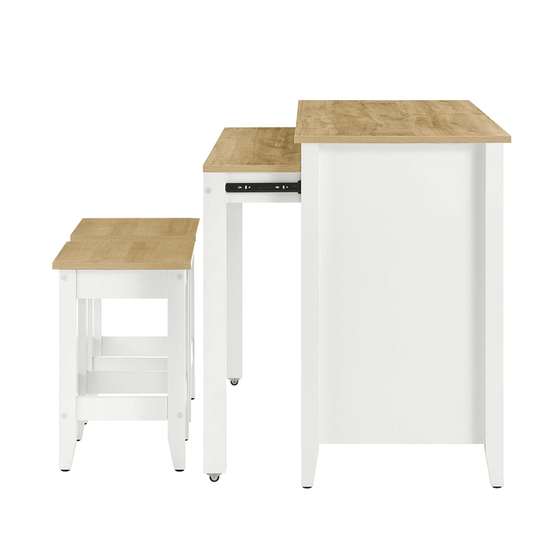 Maklaine Contemporary 3-Piece Kitchen Island and Stool Set in Oak White