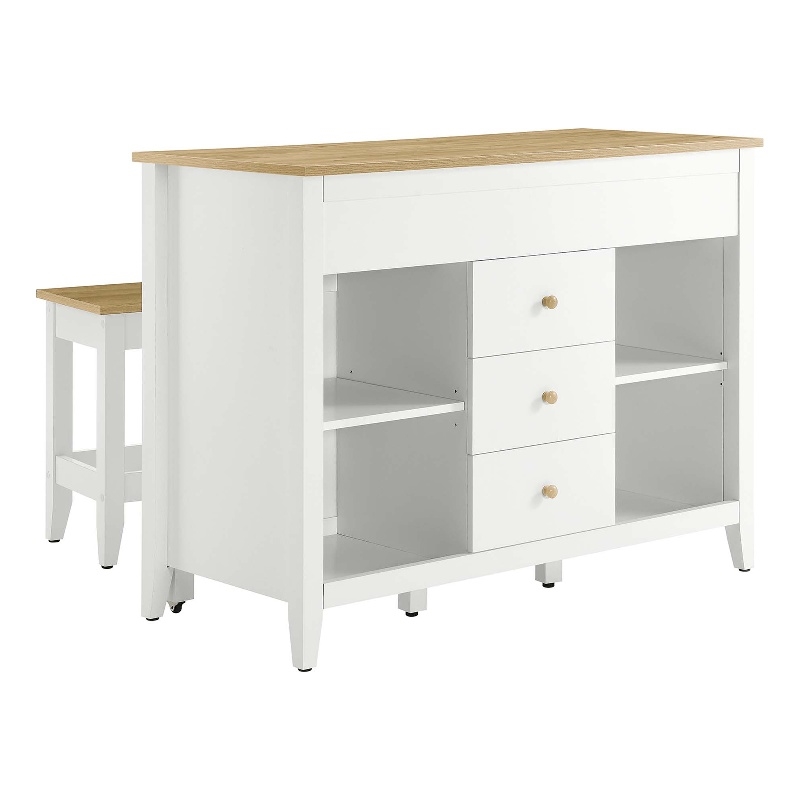 Maklaine Contemporary 3-Piece Kitchen Island and Stool Set in Oak White
