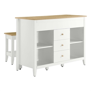 Maklaine Contemporary 3-Piece Kitchen Island and Stool Set in Oak White