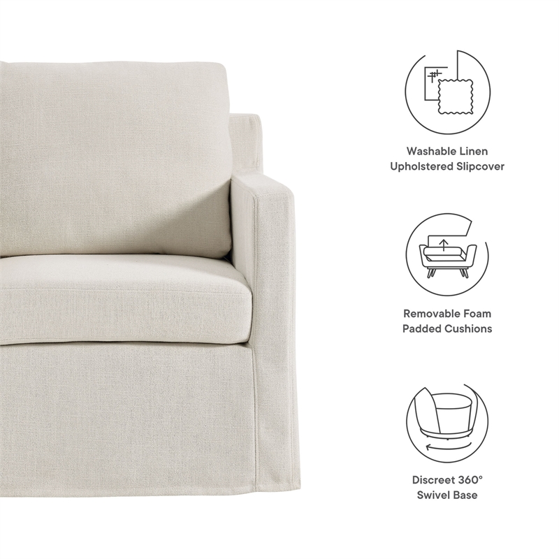 Maklaine Contemporary Fabric Slipcovered Swivel Armchair in Salt