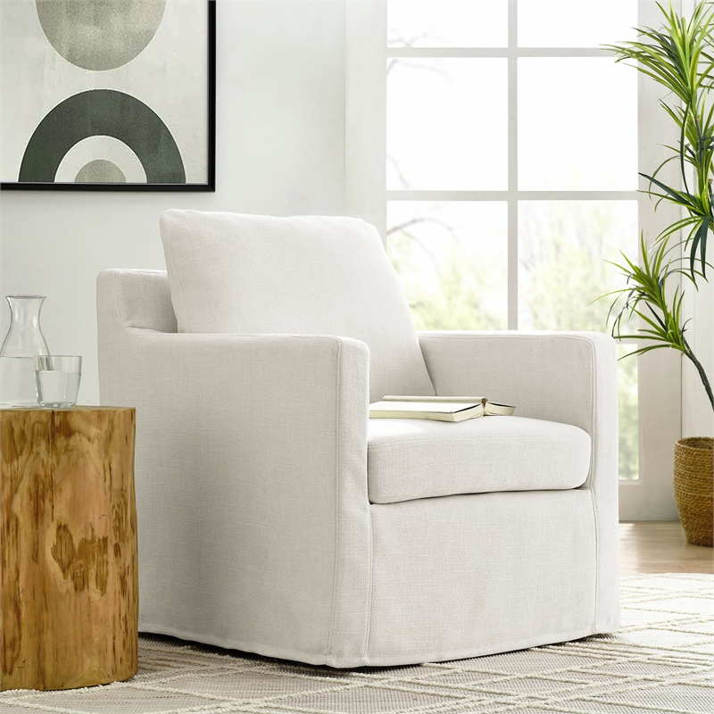 Maklaine Contemporary Fabric Slipcovered Swivel Armchair in Salt