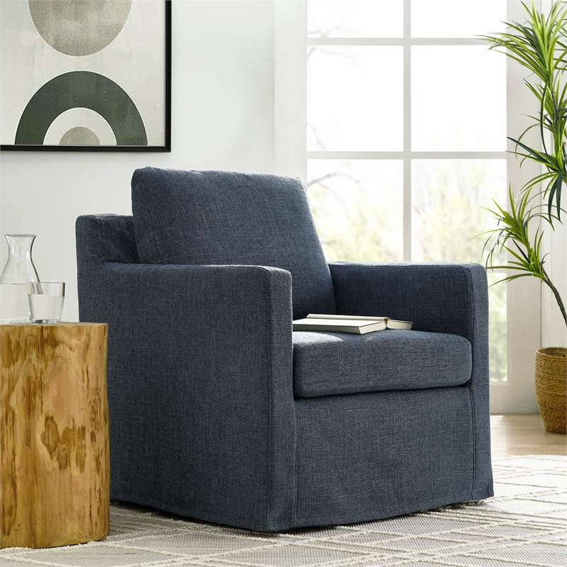 Maklaine Contemporary Fabric Slipcovered Swivel Armchair in Slate Blue