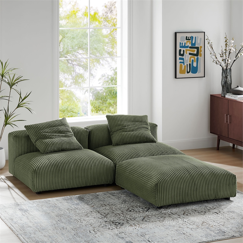 Maklaine 3-Piece Modular Corduroy Upholstered Sectional Sofa in Fern