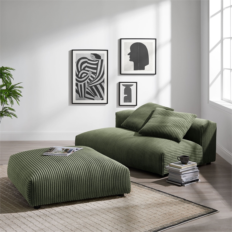 Maklaine Modular Corduroy Upholstered Armless Loveseat and Ottoman Set in Fern