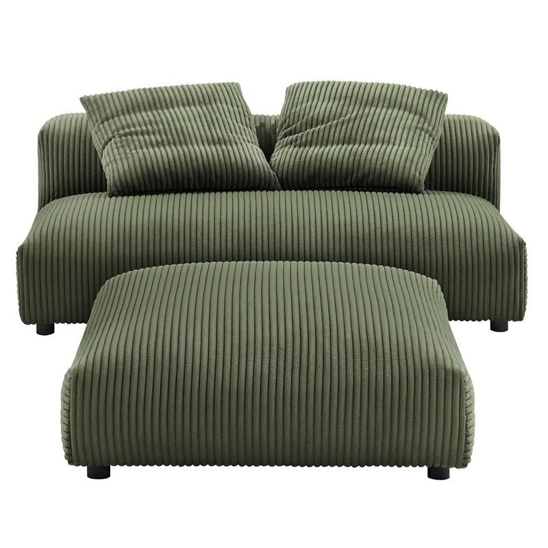 Maklaine Modular Corduroy Upholstered Armless Loveseat and Ottoman Set in Fern