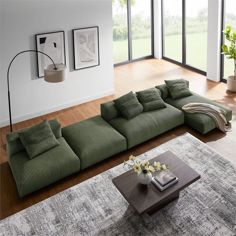 Maklaine 4-Pc Modular Corduroy Upholstered Sectional Sofa With Ottoman in Fern