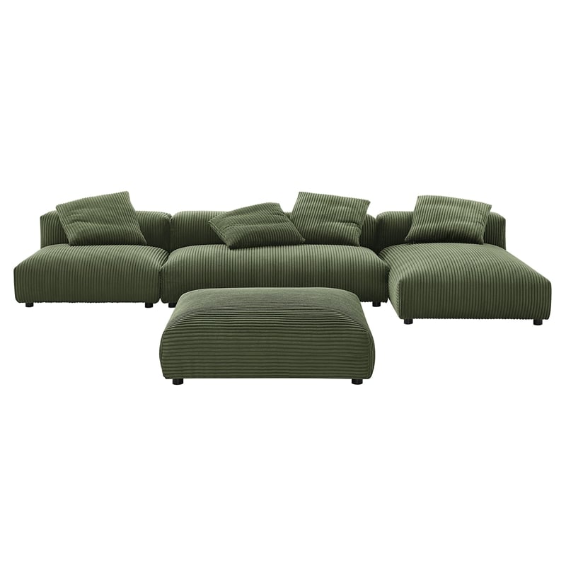 Maklaine 4-Pc Modular Corduroy Upholstered Sectional Sofa With Ottoman in Fern