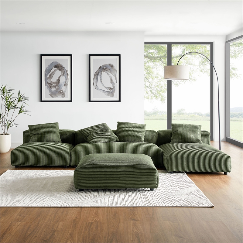 Maklaine 4-Pc Modular Corduroy Upholstered Sectional Sofa With Ottoman in Fern