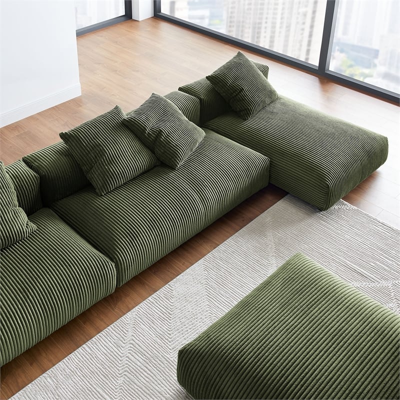 Maklaine 4-Pc Modular Corduroy Upholstered Sectional Sofa With Ottoman in Fern
