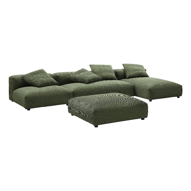 Maklaine 4-Pc Modular Corduroy Upholstered Sectional Sofa With Ottoman in Fern