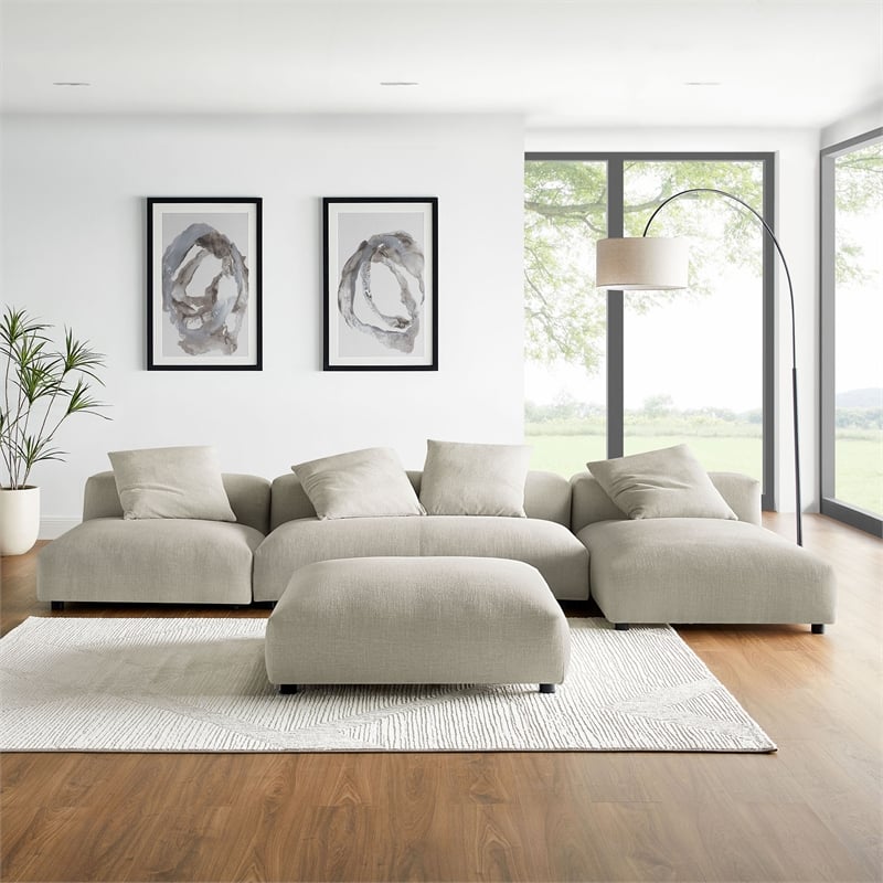 Maklaine 4-Piece Modular Upholstered Fabric Sectional Sofa With Ottoman in Linen