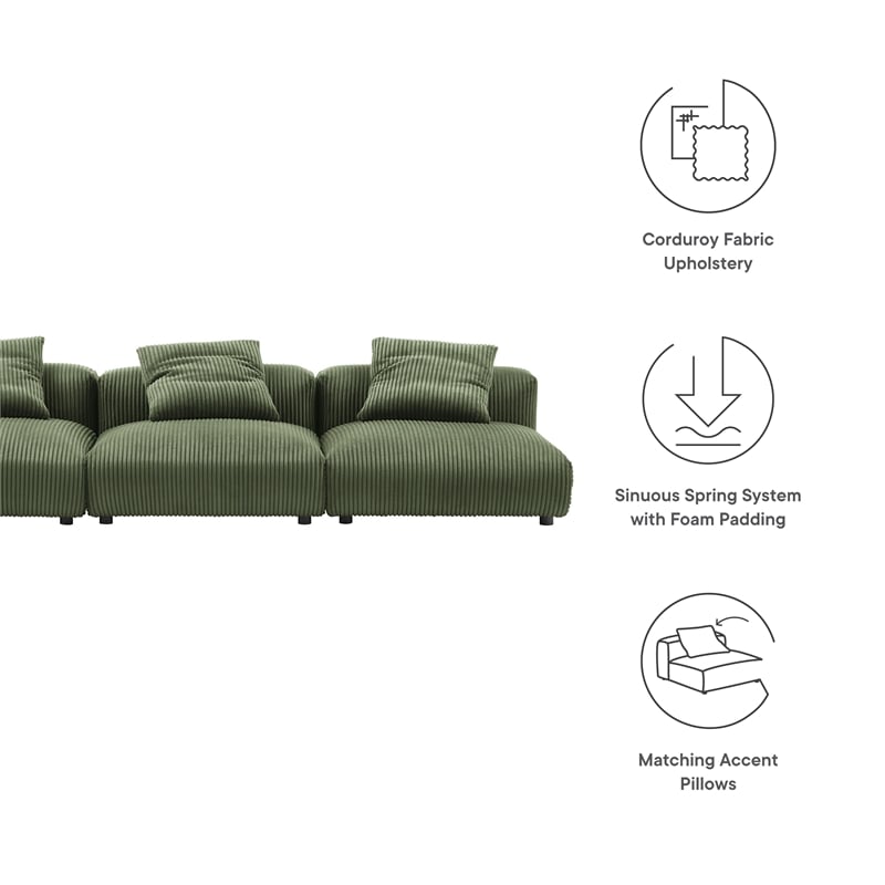 Maklaine Contemporary 3-Piece Modular Corduroy Upholstered Sofa in Fern