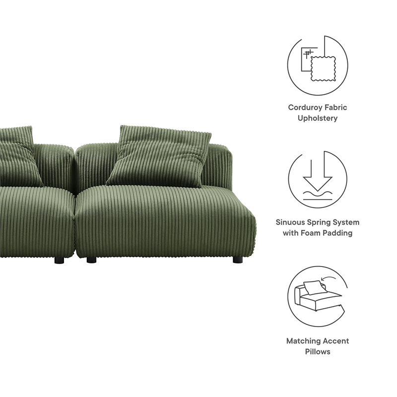 Maklaine Contemporary 2-Piece Modular Corduroy Upholstered Sofa in Fern