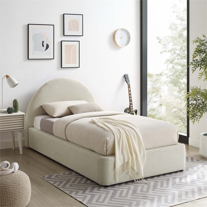 Maklaine Arched Round Twin Platform Bed in Heathered Weave Ivory