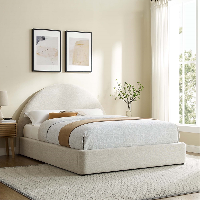 Maklaine Arched Round Queen Platform Bed in Heathered Weave Ivory