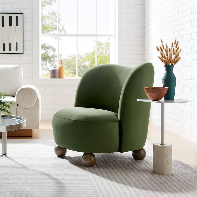 Maklaine Contemporary Performance Velvet Accent Chair in Moss Green Walnut