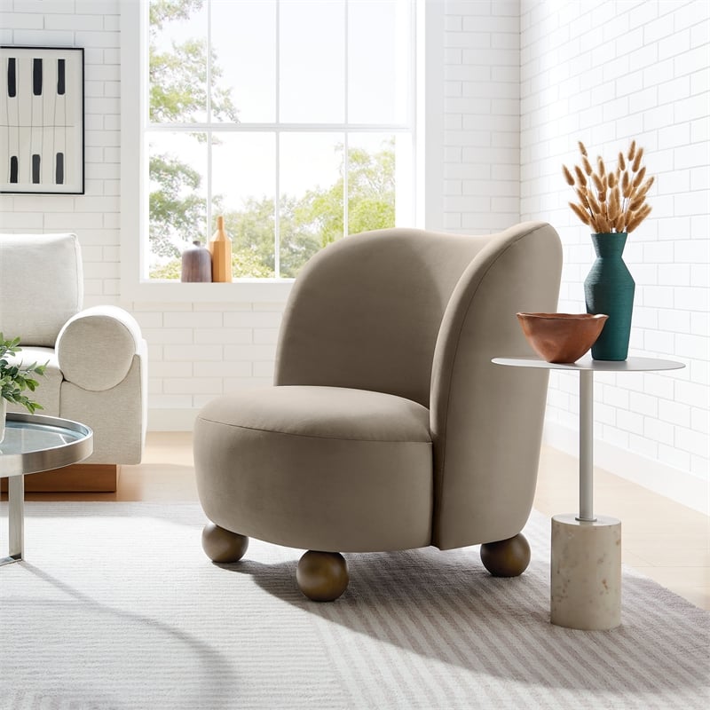 Maklaine Contemporary Performance Velvet Accent Chair in Taupe Walnut