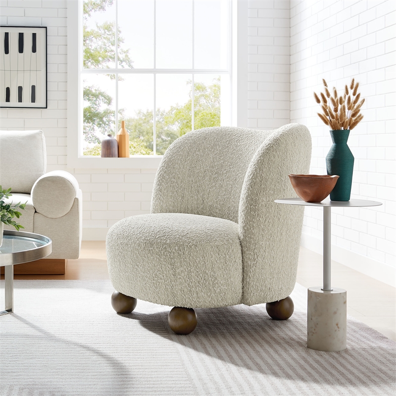 Maklaine Contemporary Boucle Fabric Upholstered Accent Chair in Pearl Walnut