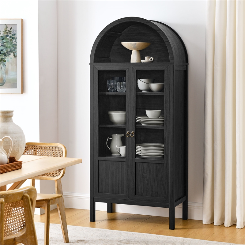 Maklaine Contemporary Arched Storage Display Cabinet in Black