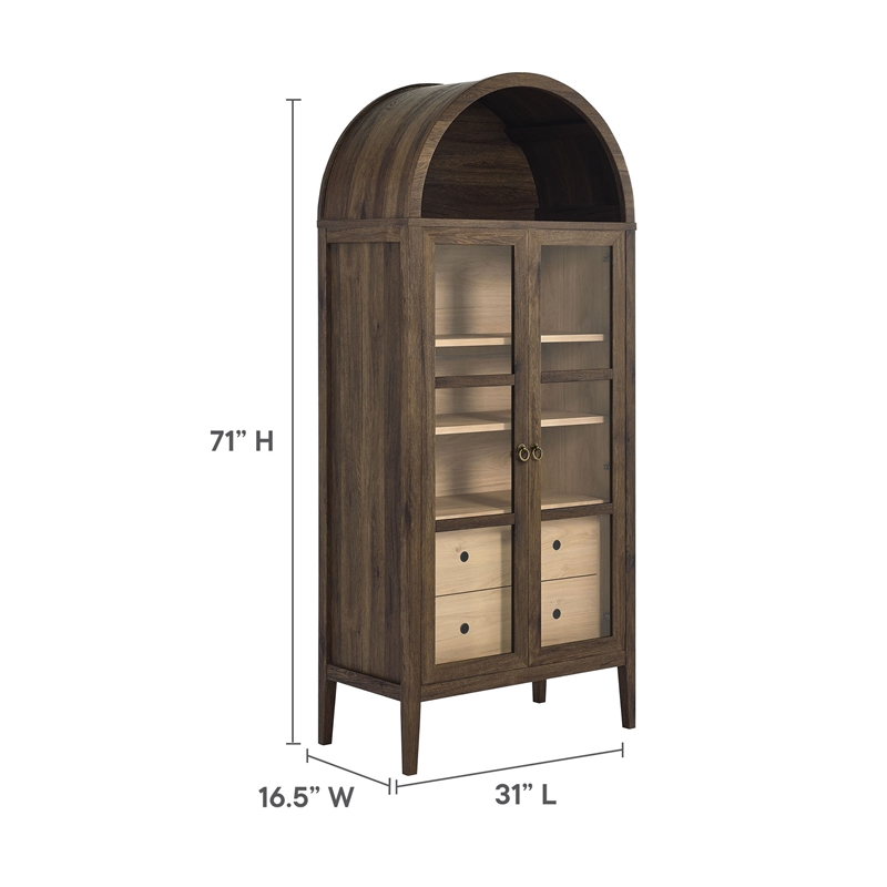 Maklaine Contemporary Arched Storage Display Cabinet in Walnut Hickory