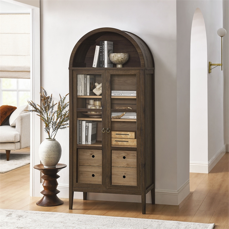 Maklaine Contemporary Arched Storage Display Cabinet in Walnut Hickory
