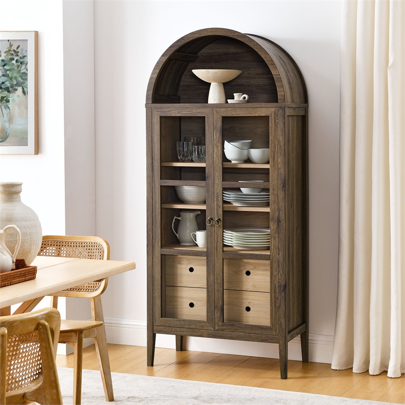 Maklaine Contemporary Arched Storage Display Cabinet in Walnut Hickory