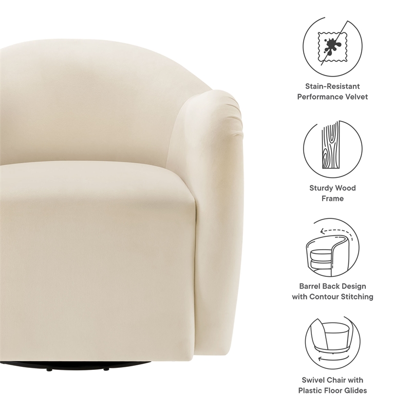 Maklaine Contemporary Performance Velvet Swivel Armchair in Alabaster