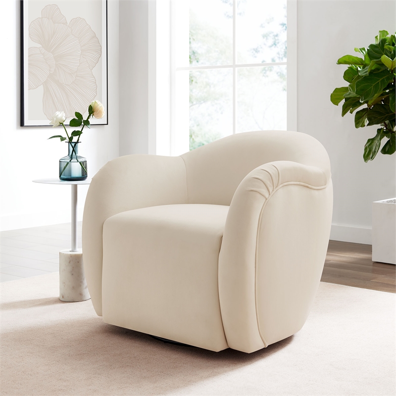 Maklaine Contemporary Performance Velvet Swivel Armchair in Alabaster