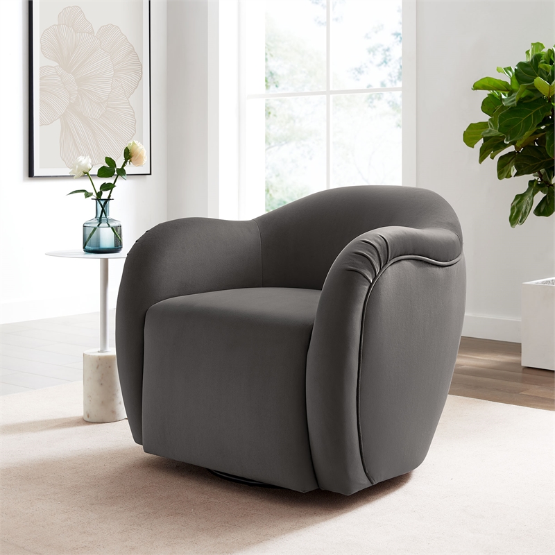 Maklaine Contemporary Performance Velvet Swivel Armchair in Storm Gray