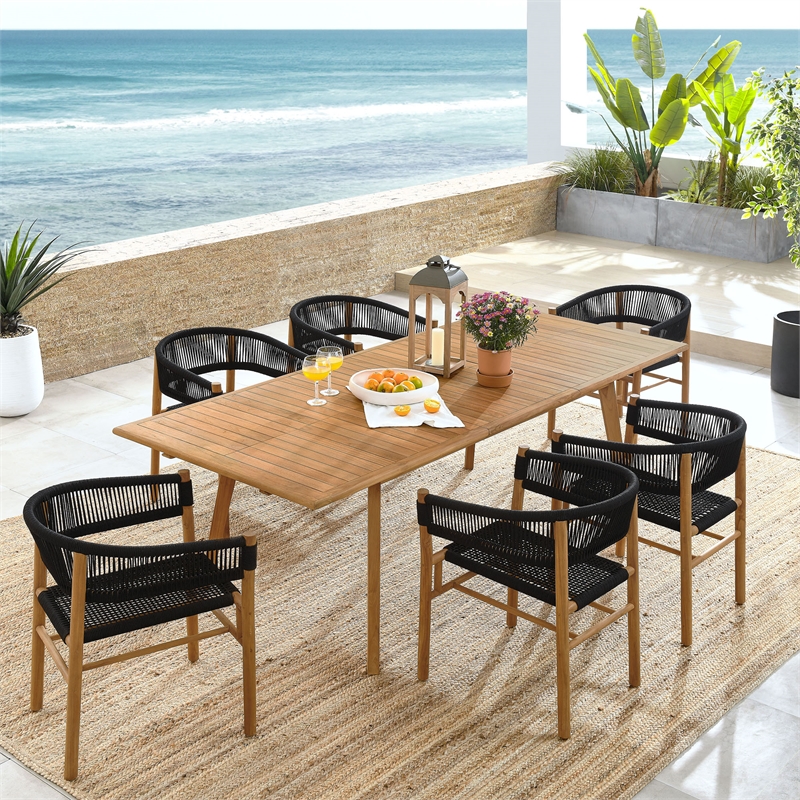 Maklaine 7-Piece Dining Set with Curved-Back Armchairs in Natural Black