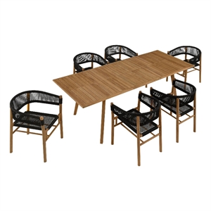 Maklaine 7-Piece Dining Set with Curved-Back Armchairs in Natural Black