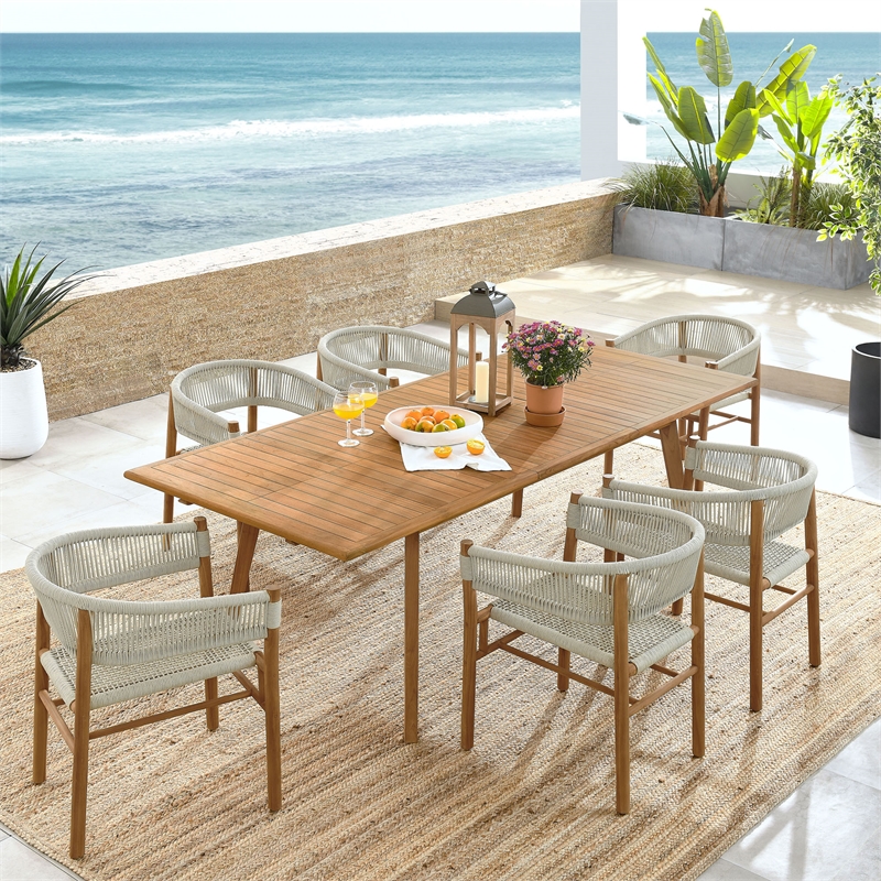 Maklaine 7-Piece Dining Set with Curved-Back Armchairs in Natural Natural