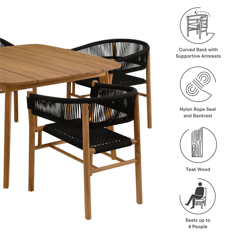 Maklaine 5-Piece Dining Set with Curved-Back Armchairs in Natural Black