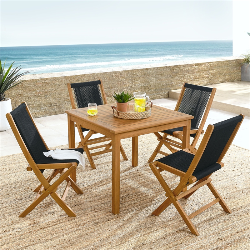 Maklaine 5-Piece Dining Set with Rope Folding Chairs in Natural Black