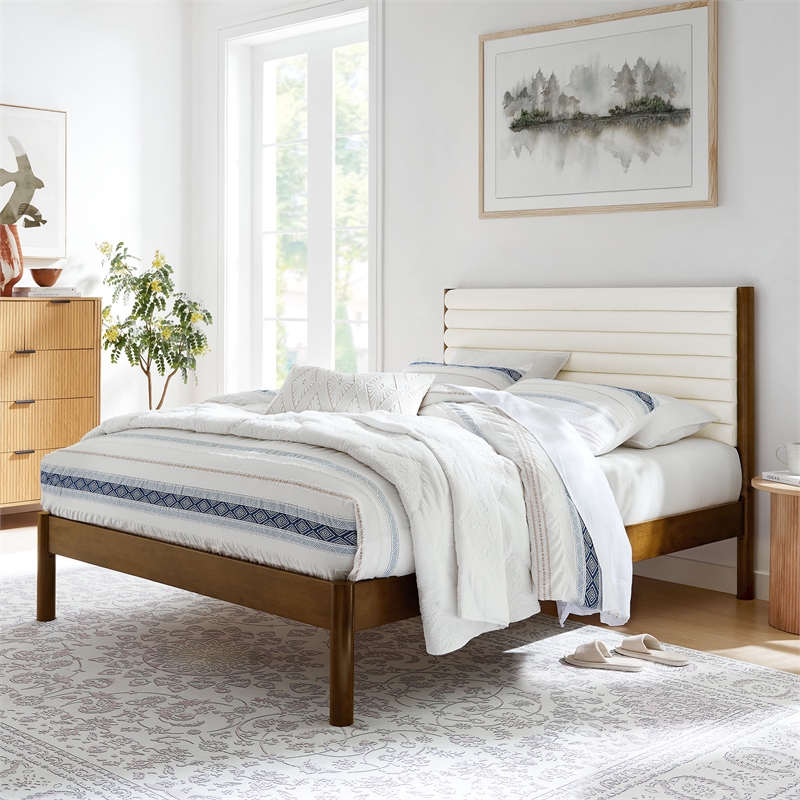 Maklaine Contemporary Channel Tufted King Platform Bed in Feather Walnut