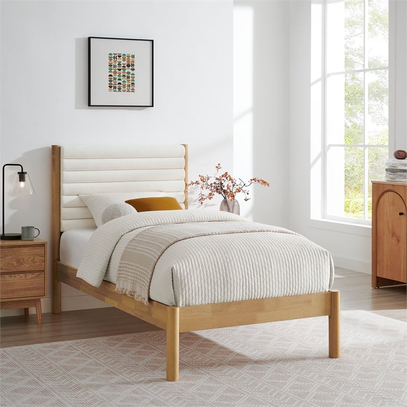 Maklaine Contemporary Channel Tufted Twin Platform Bed in Feather Oak