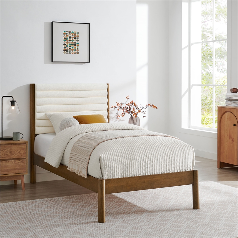 Maklaine Contemporary Channel Tufted Twin Platform Bed in Feather Walnut