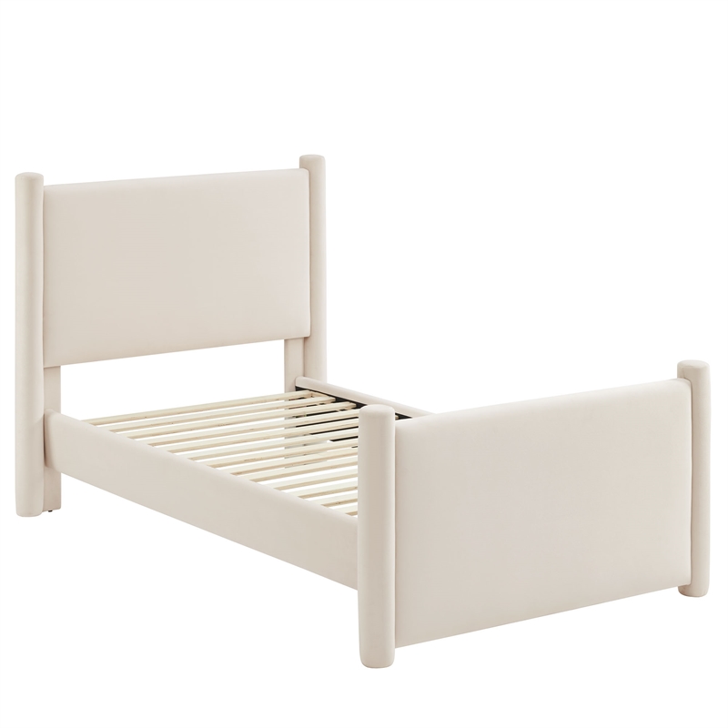 Maklaine Performance Velvet Upholstered Twin Platform Bed in Alabaster